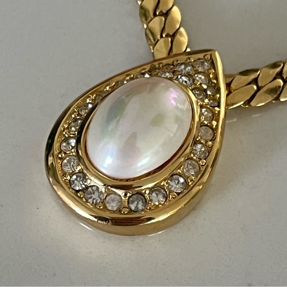 Christian Dior Necklace Gold Plate Pearl Oval Crystals Teardrop Designer Vintage